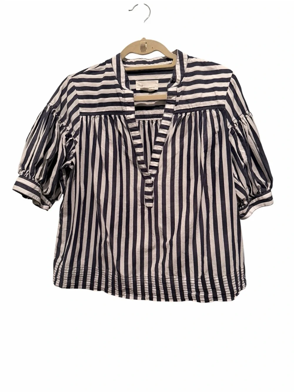 Anthropologie Darcey Navy&White Striped V-Neck Puff Sleeve Top MEDIUM